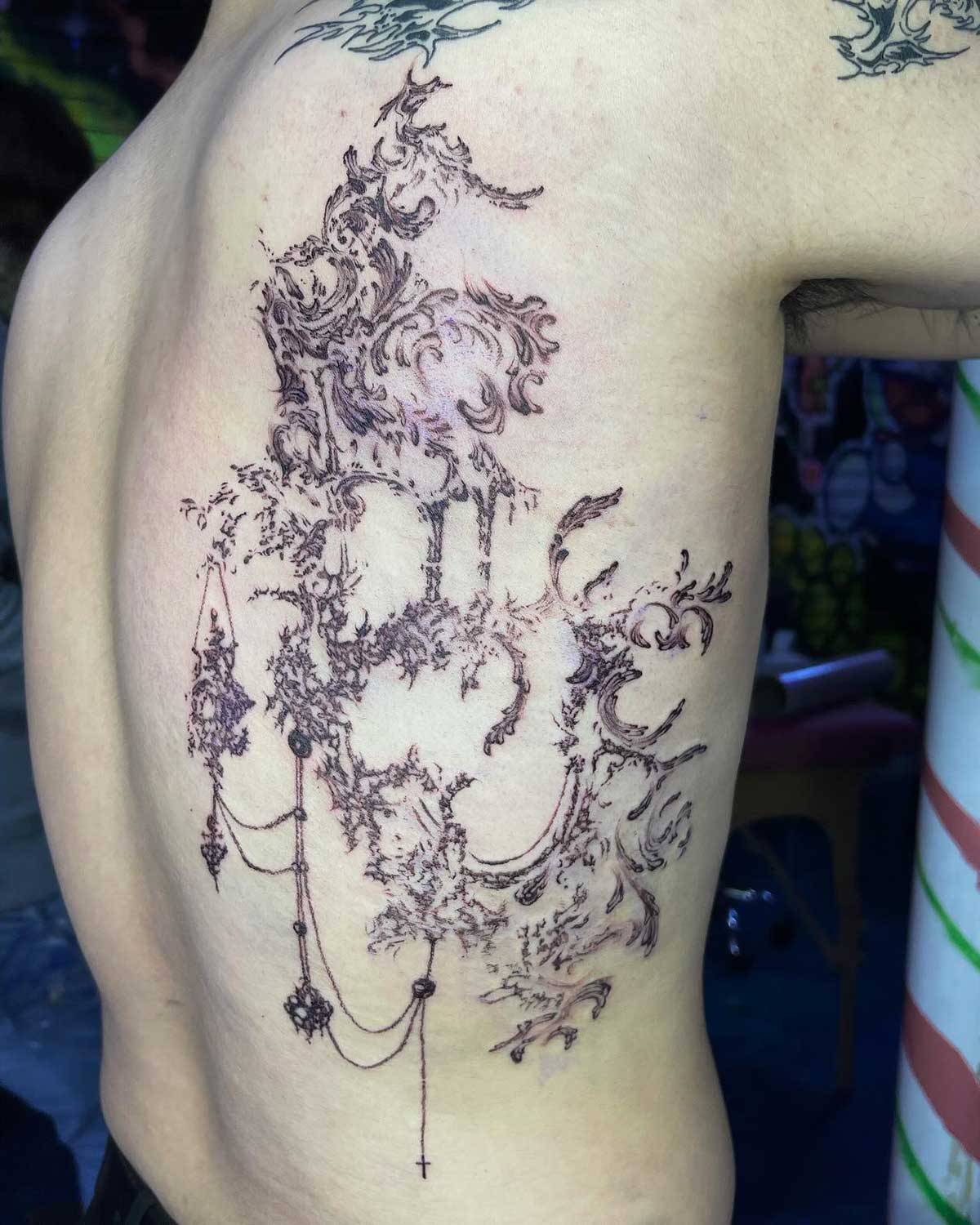 Cyber sigilism back tattoo