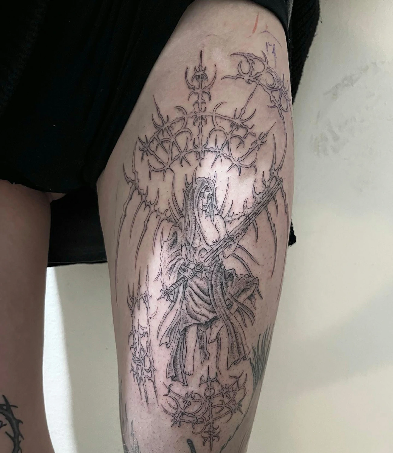 Cyber sigilism leg tattoos