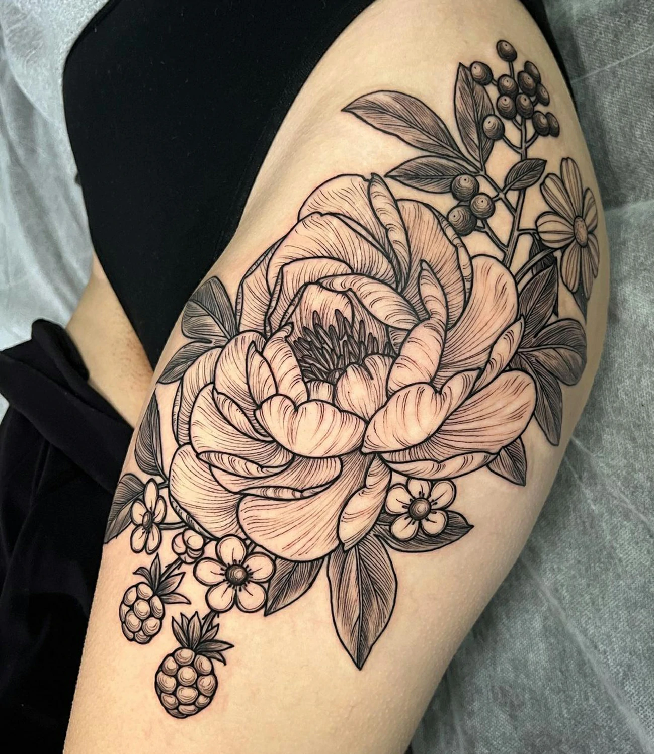 Peony Thigh Tattoo