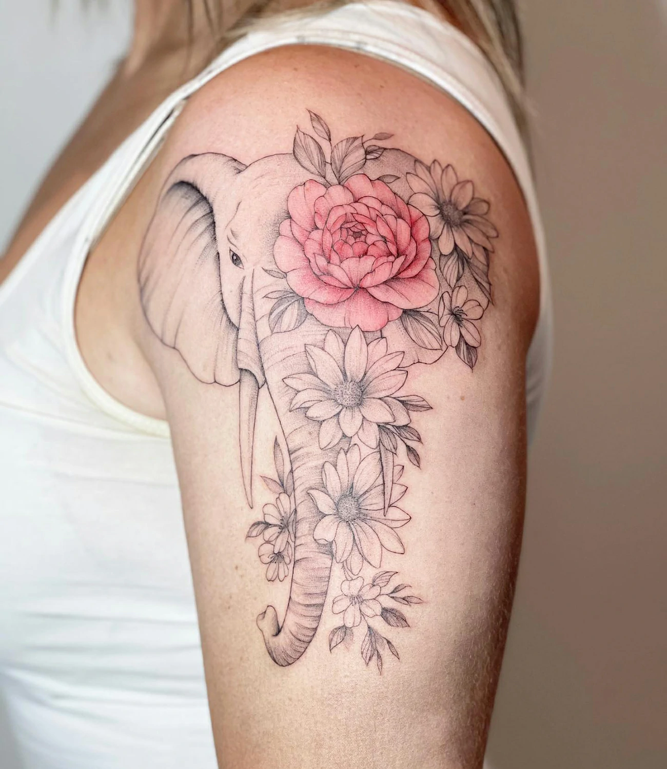 Elephant Tattoo with Flowers