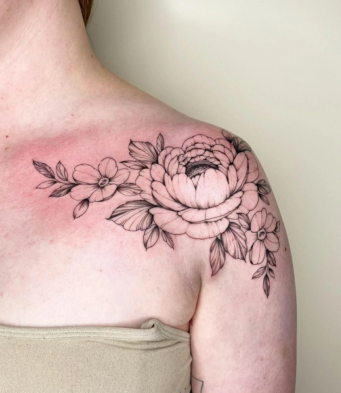 Peony Shoulder Cap Tattoo