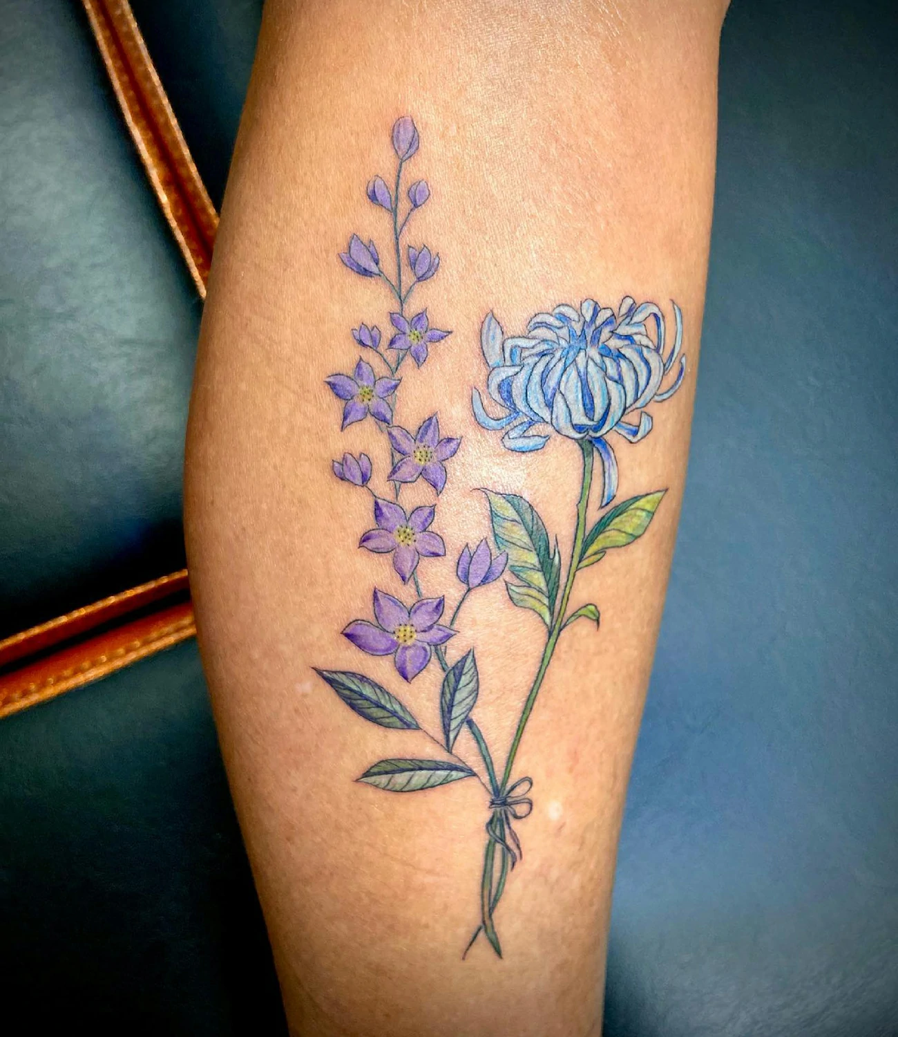 Larkspur and Chrysanthemum Tattoo #chrysanthemumtattoo